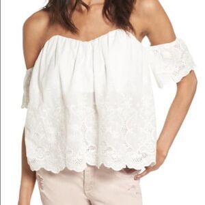 4SI3NNA White Lace Eyelet Cropped Structured Off Shoulder Flutter Top Size S